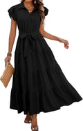 dowerme Women's Summer Casual Maxi Dress - Flowy Tiered V-Neck
