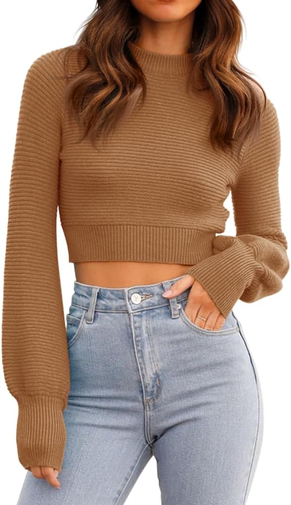 GeGekoko Womens Sexy Crew Neck Cropped Sweater for Fall Fashion