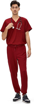 COZYFIT Scrubs for Men 4 Pockets V-Neck Top and 7 Pockets Jogger