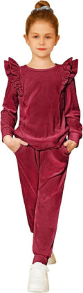 Arshiner Girls Velour Tracksuit 2 Piece Outfit - Cozy Ruffle Set