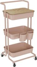 3 Tier Rolling Utility Cart with Cover Top Board - Pink Mobile
