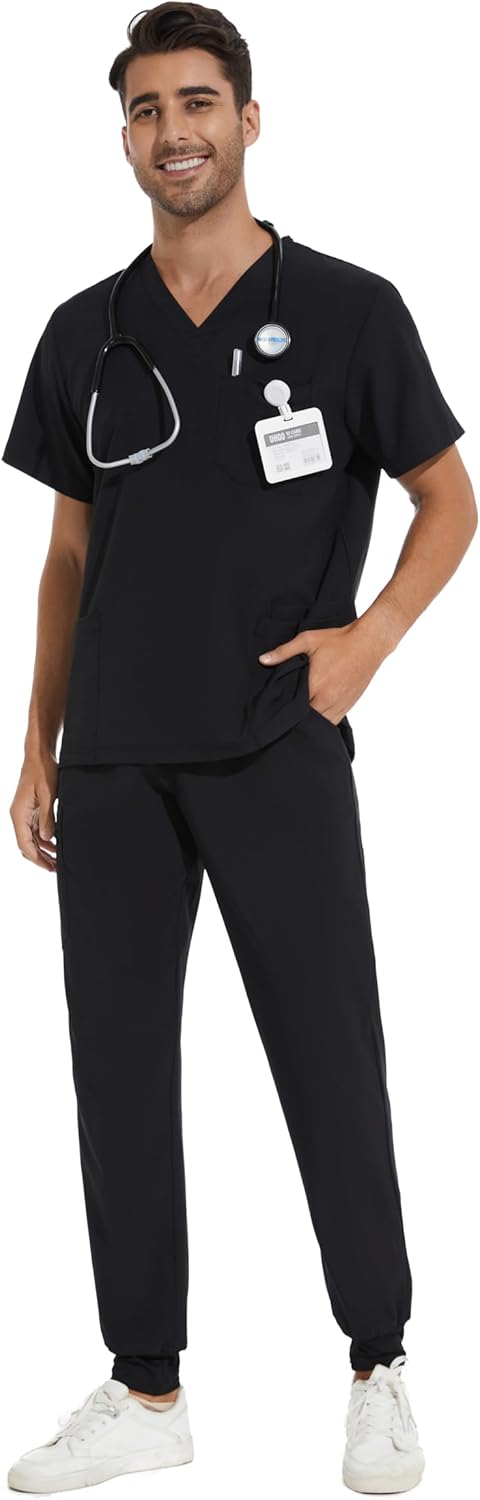 Men Scrubs Set with 8 Pockets and Stretch V-Neck Design