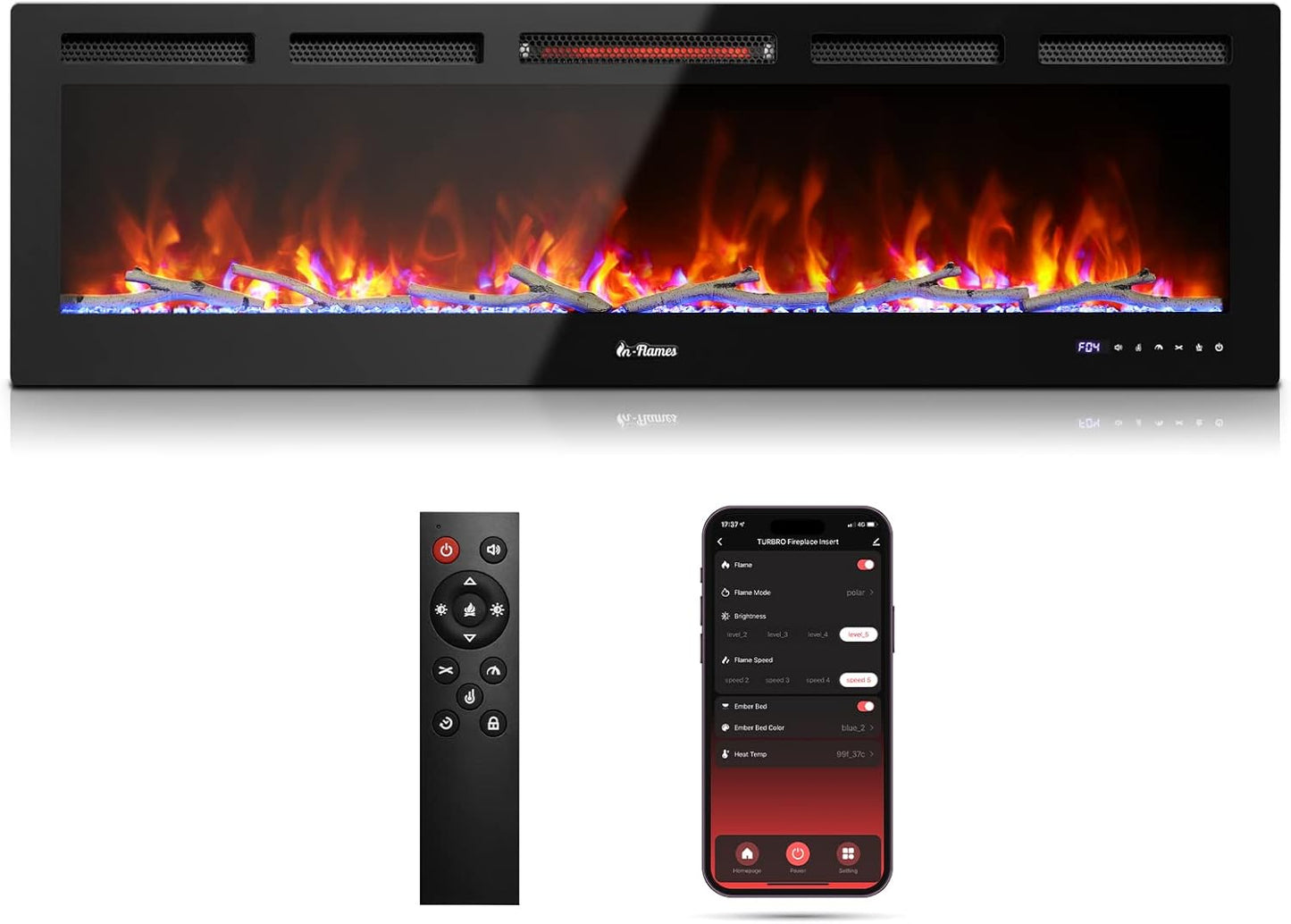TURBRO 60 Smart WiFi Electric Fireplace - Realistic Flame & Heat