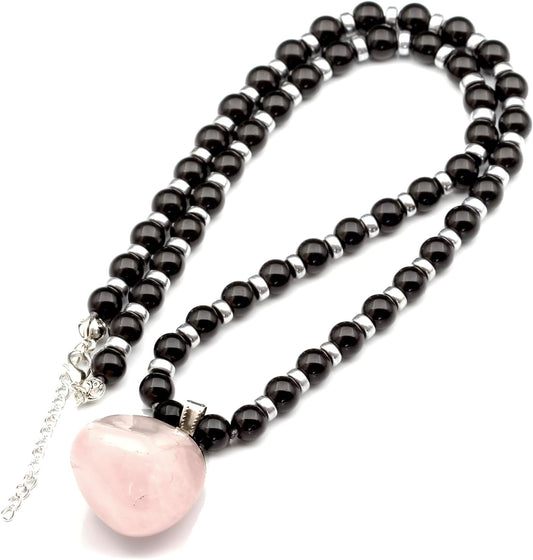 Natural Raw Tourmaline Pendant with Black Onyx Beaded Necklace