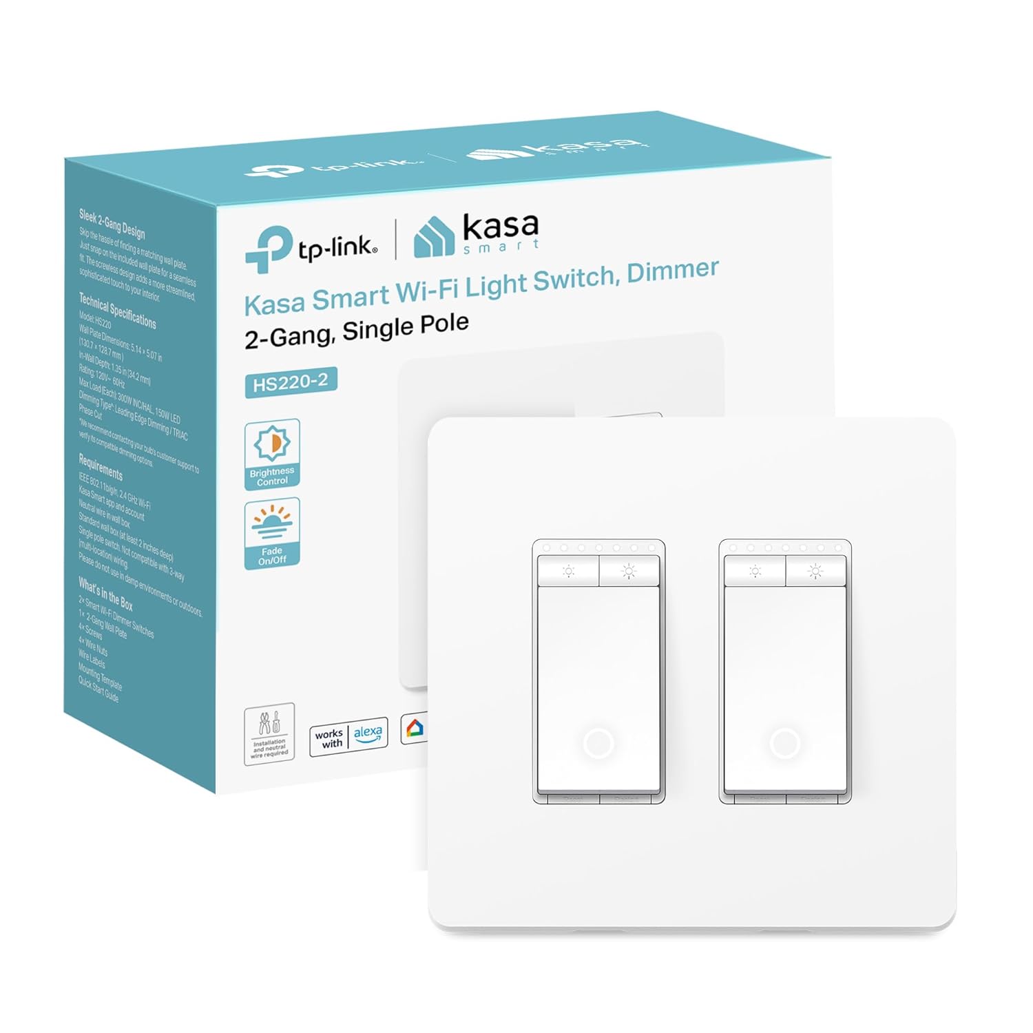 Kasa Smart Dimmer Switch 2-Gang HS220-2 for Home Lighting Control