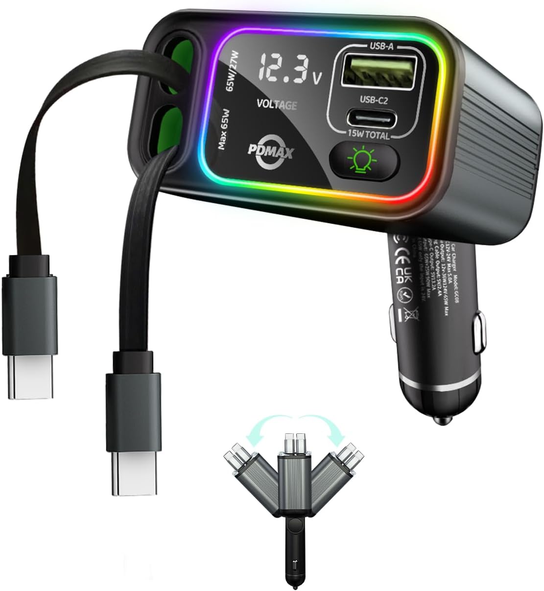 Fast Charge on the Go: PDMAX Retractable Type C Car Charger