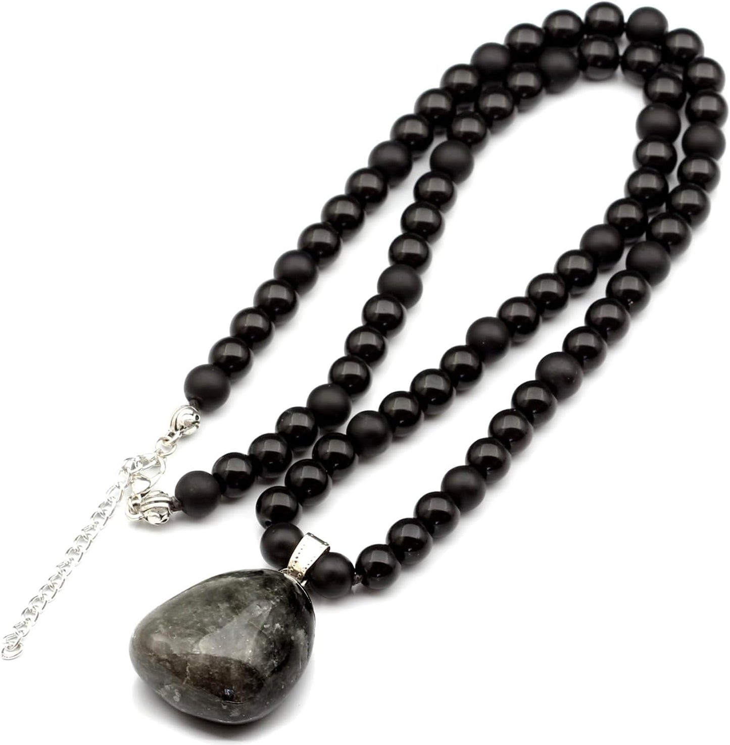 Natural Raw Tourmaline Pendant and Black Onyx Beaded Necklace