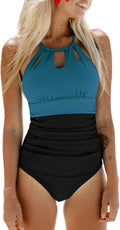 Women One Piece Swimsuit High Neck Tummy Control - Color Block Cutout