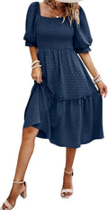 Women's Smocked Floral Midi Dress - Square Neck Boho 2025