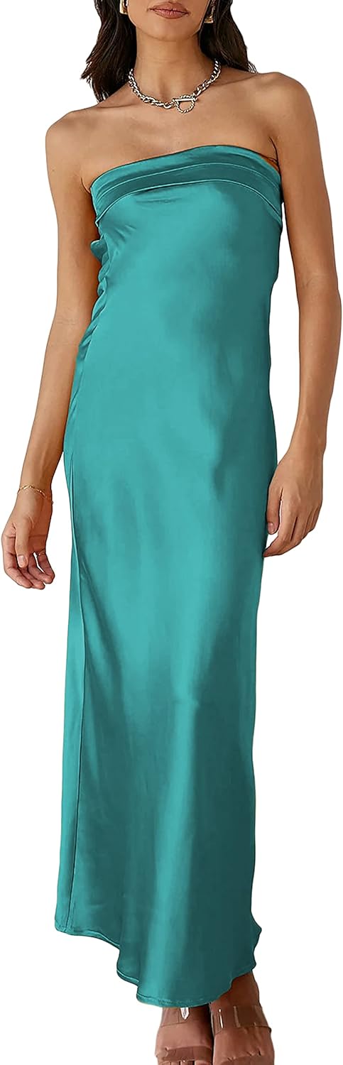 Realtix Satin Silk Backless Tube Tops Maxi Dress for Women