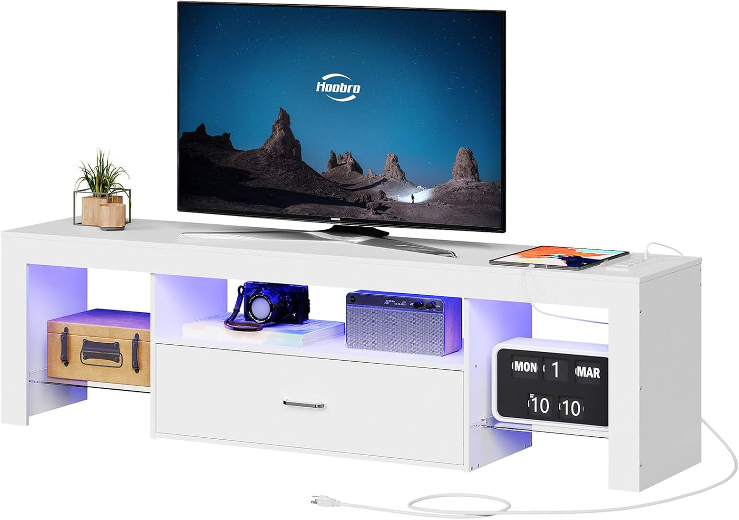 Modern TV Stand with Power Outlets & Glass Shelves