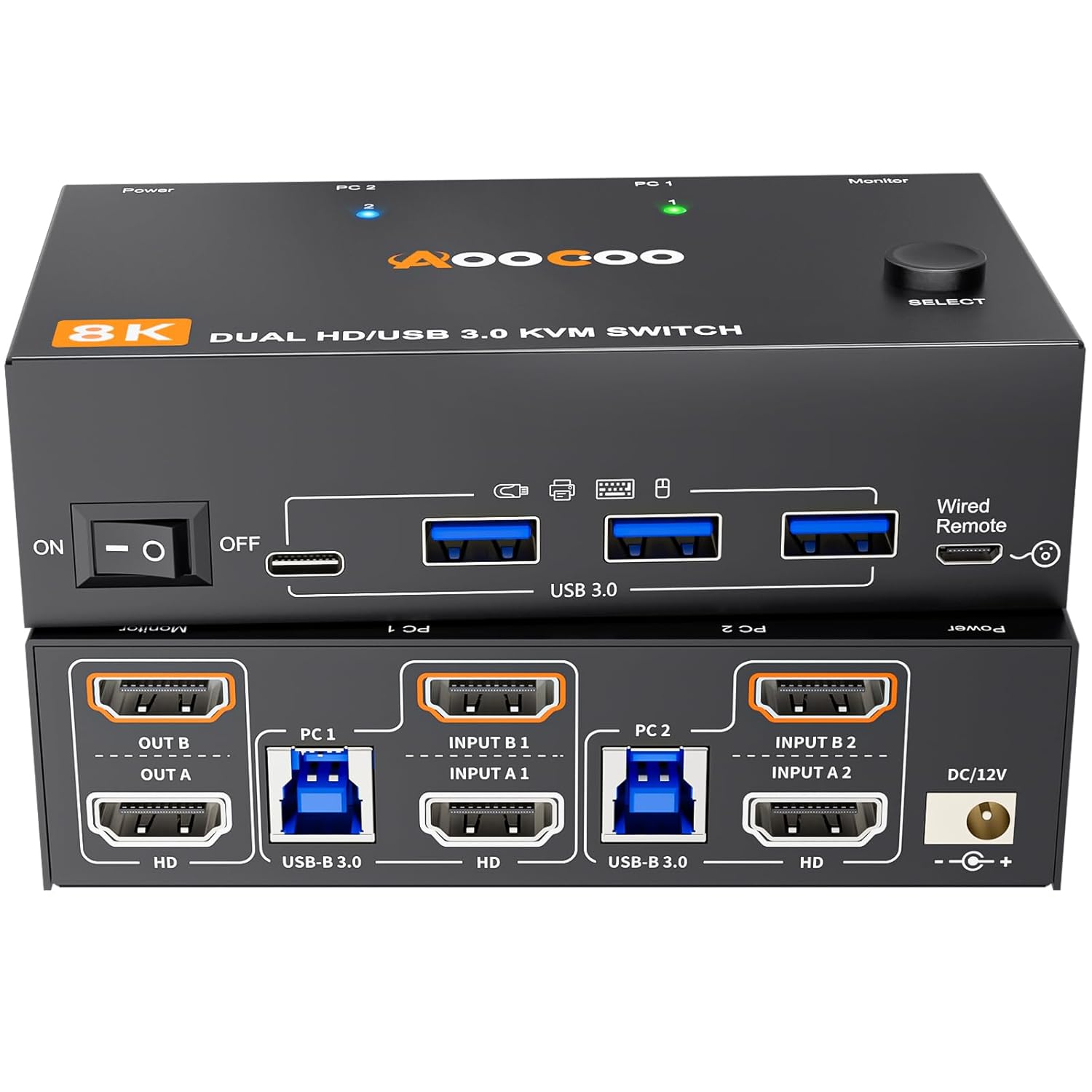 8K Dual Monitor KVM Switch for 2 Computers with USB 3.0 Cables