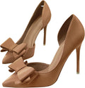 Womens Bow Heels Closed Pointed Toe Dress Shoes Stiletto Slip on upper