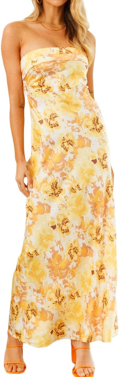 Realtix Satin Silk Backless Tube Tops Maxi Dress for Women
