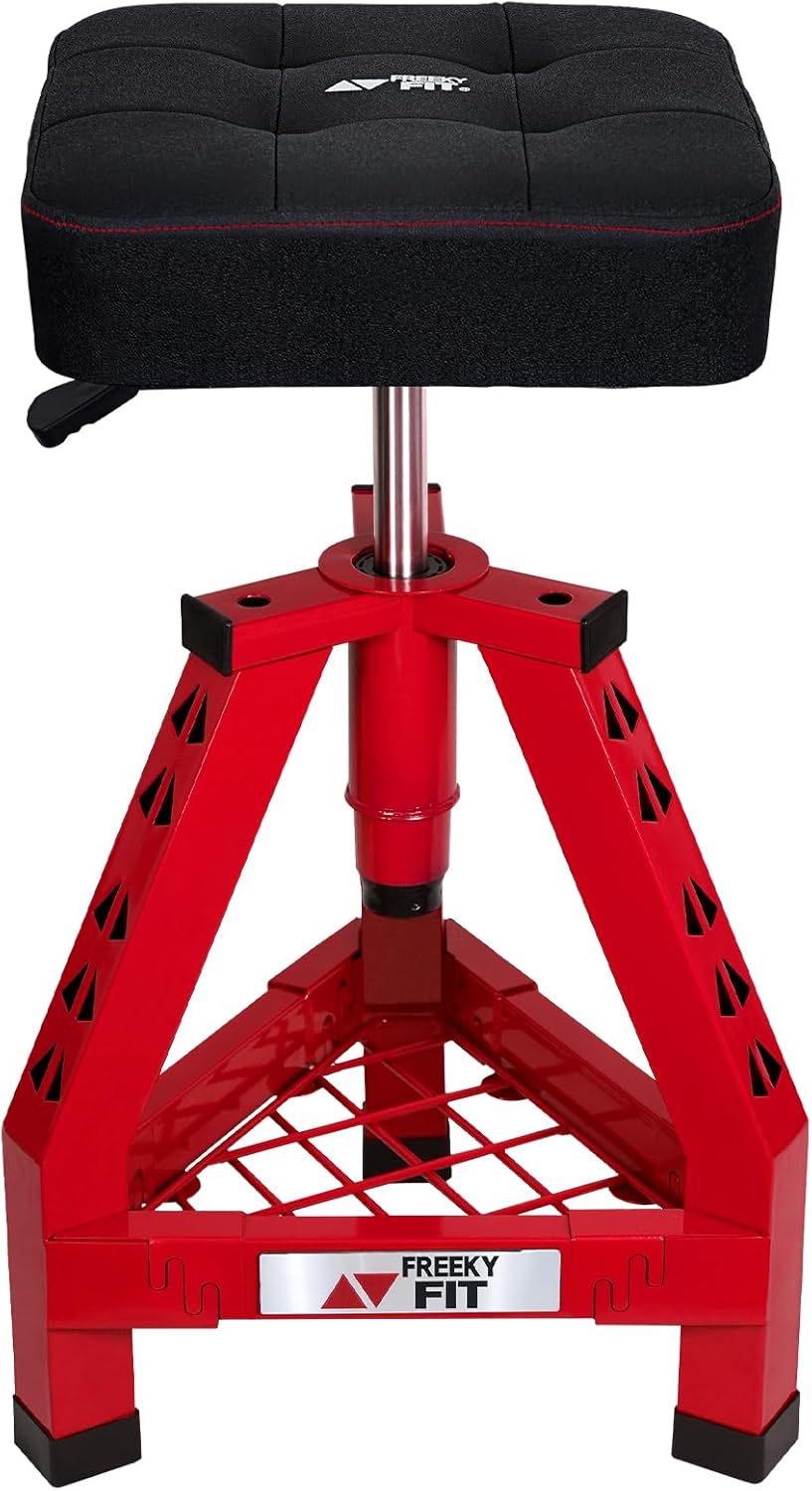 Adjustable Shop Stool with 360 Swivel and Tool Storage Red