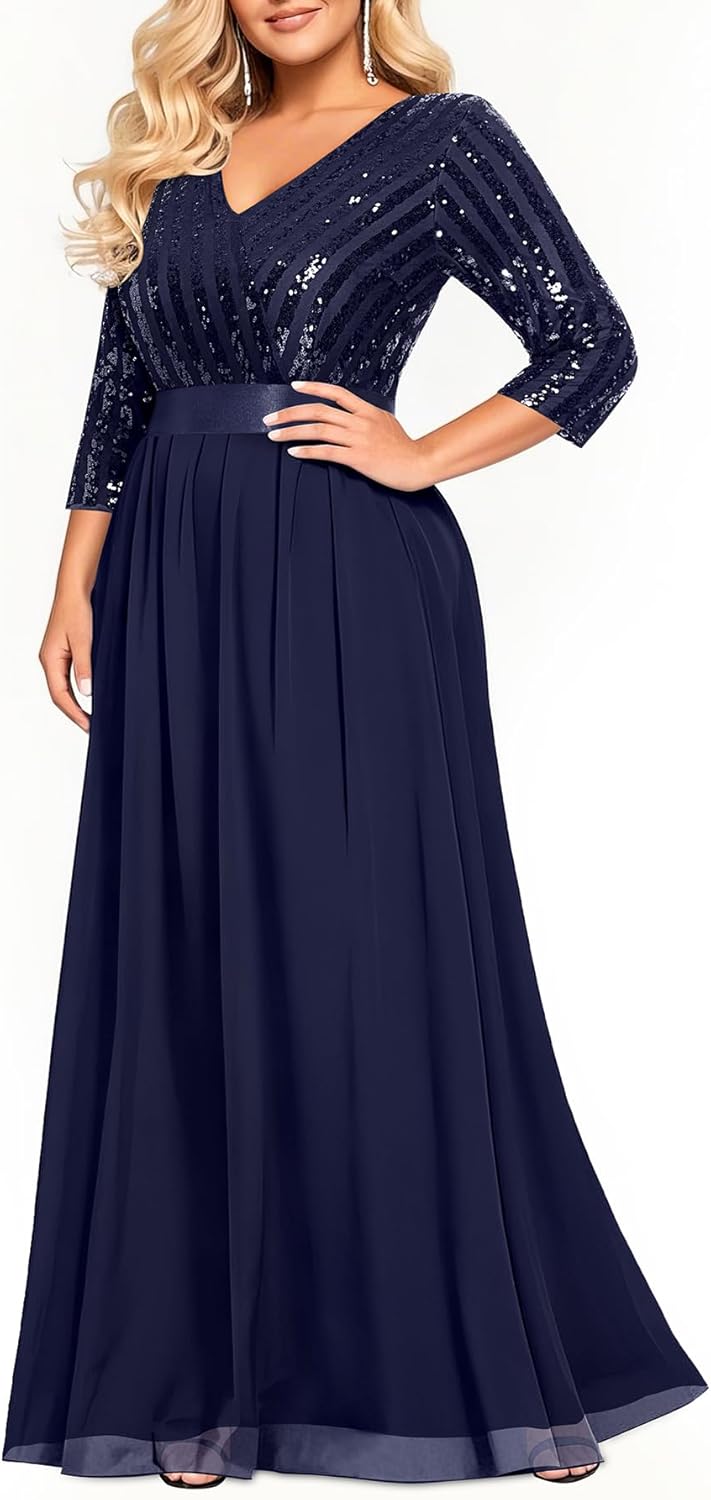 Womens Plus Size Formal Dresses with V Neck and 3/4 Sleeves