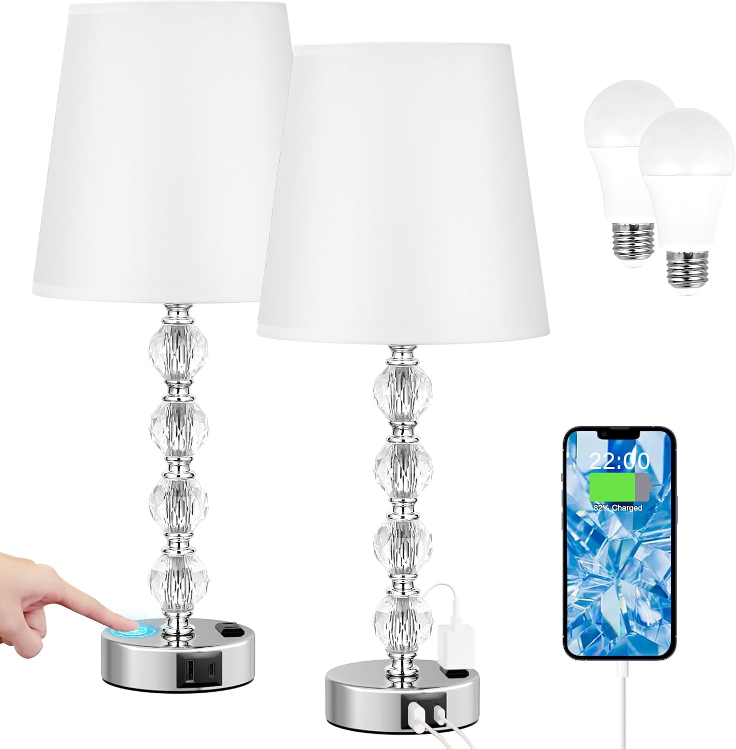 Large Crystal Table Lamps Set of 2 with USB C Charging Ports