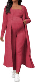 Women's Maternity Ribbed 2 Piece Strapless Jumpsuit and Cardigan