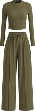 2 Piece Ribbed Lounge Set for Women - Long Sleeve Crop Top & Wide Leg