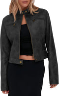 Women's Faux Leather Cropped Jacket - Vintage Moto Zip Coat