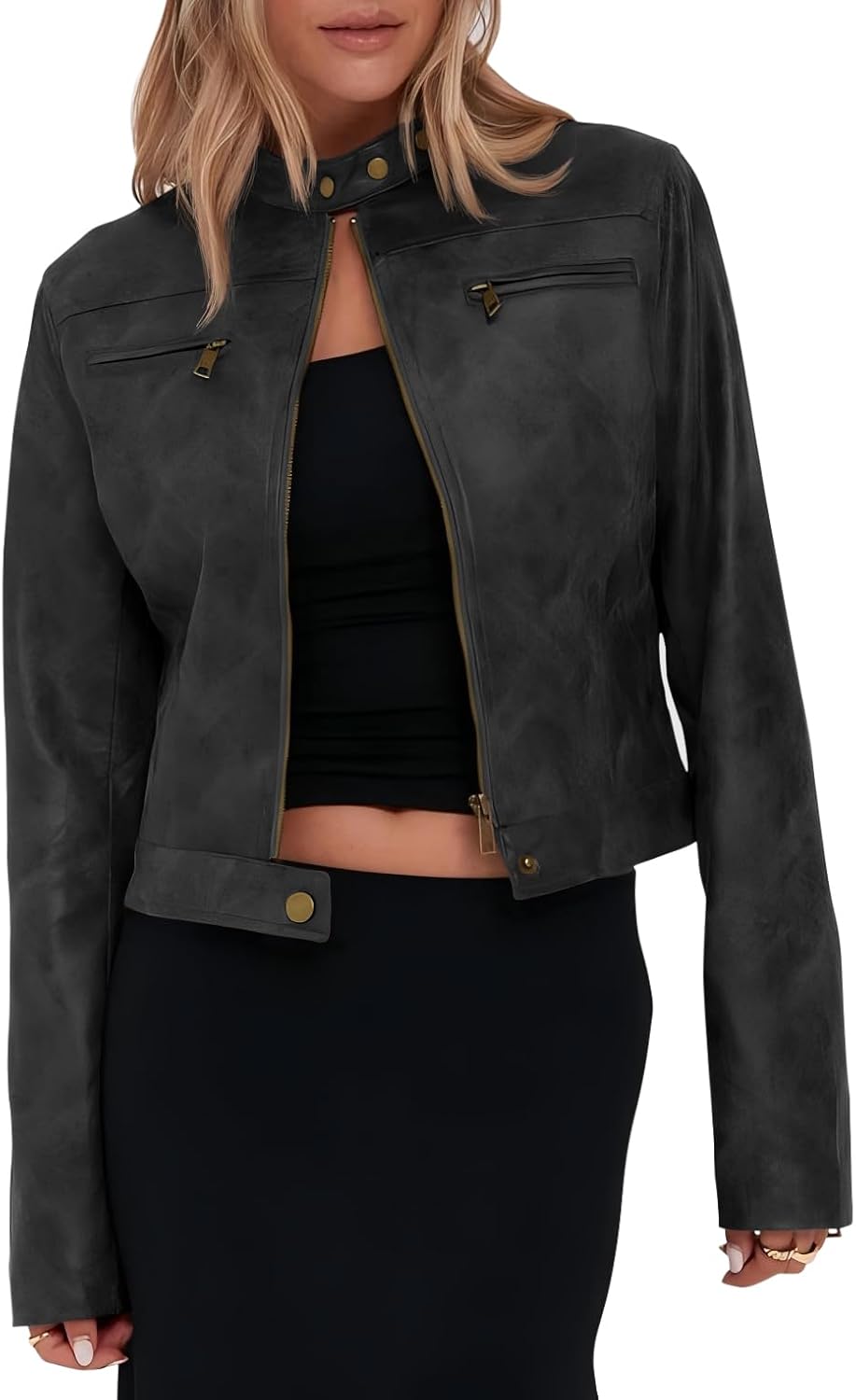 Onedreamer Women's Faux Leather Cropped Jacket for Fall Style