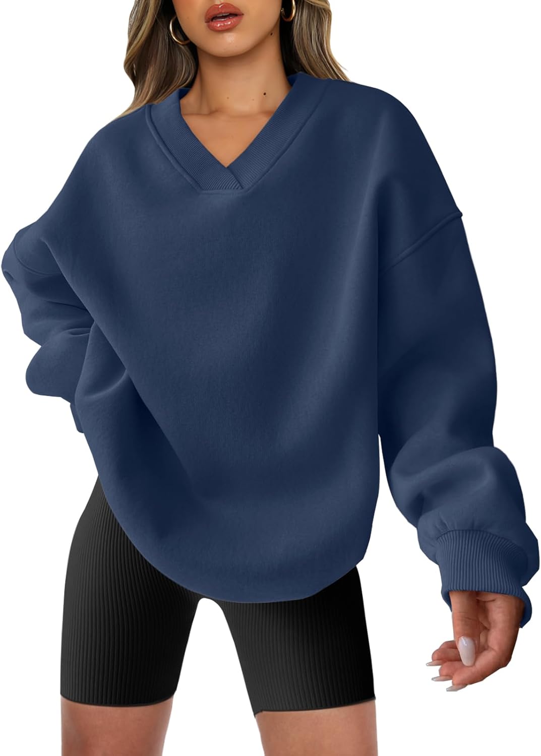 Oversized V Neck Sweatshirt for Women - Comfy Fleece Pullover