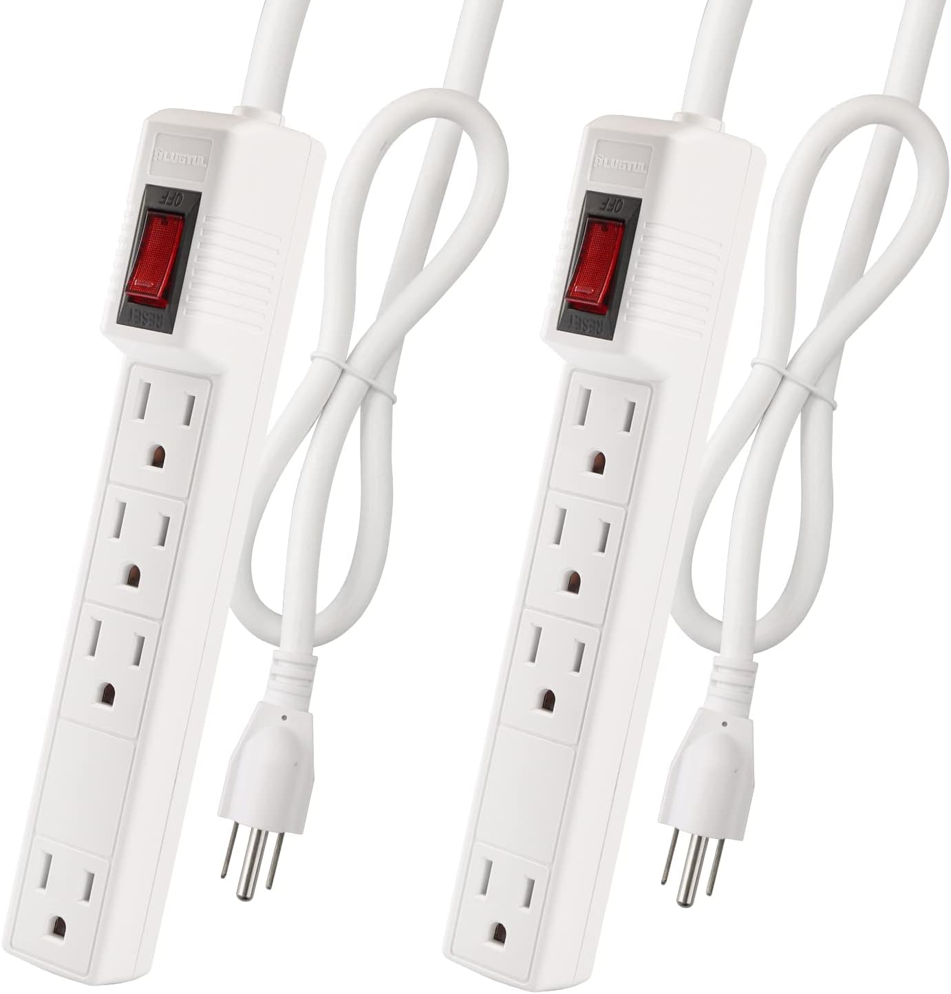 PLUGTUL Surge Protector 2-Pack: 4 Outlets, 2 Ft Cord, 1875W Power, Surge & Overload Protection