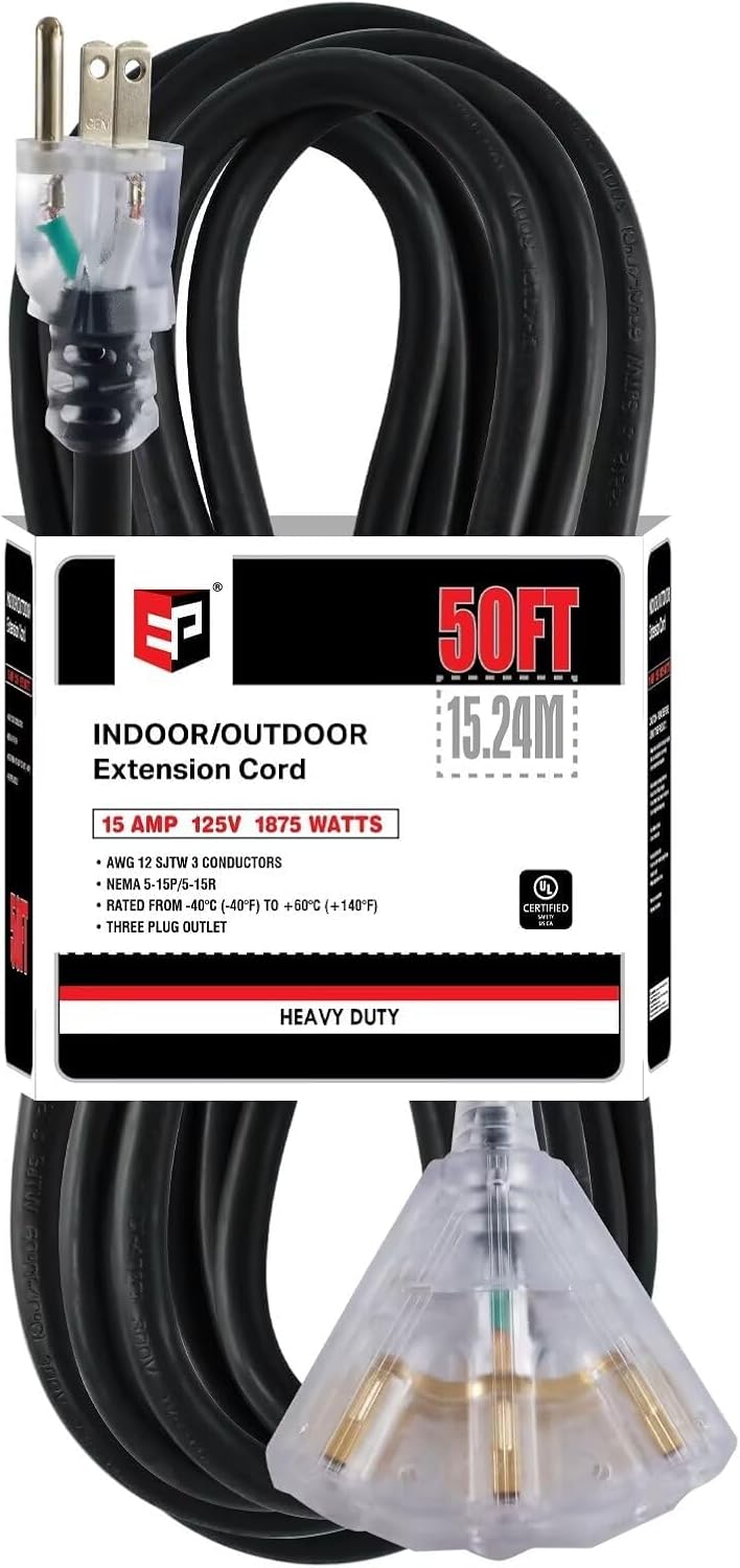 EP 50 Ft Lighted Outdoor Extension Cord with 3 Outlets for Safety