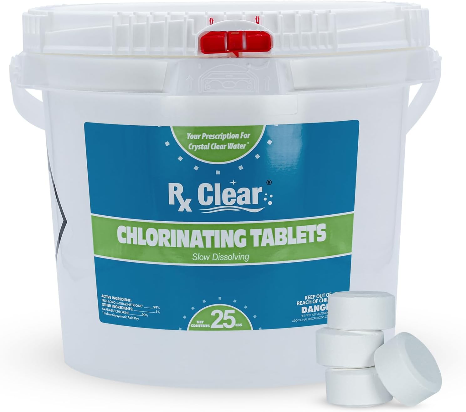 Rx Clear 1 Inch Chlorine Tabs for Swimming Pools - 25 Pounds