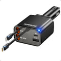 Retractable Car Charger 69W with Built-in Cables - Compact 4-in-1