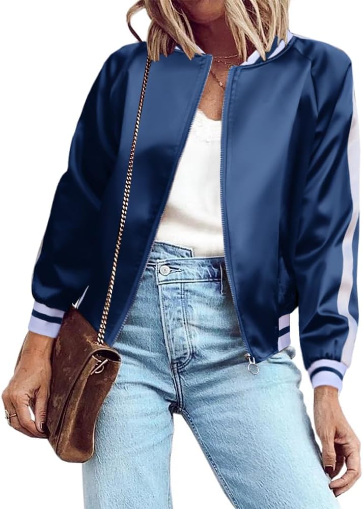 Lightweight Zip Up Bomber Jacket for Women with Pockets