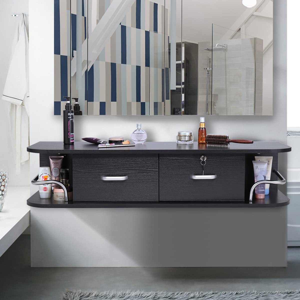 Versatile Wall-Mounted Salon Station with 2 Drawers, Black