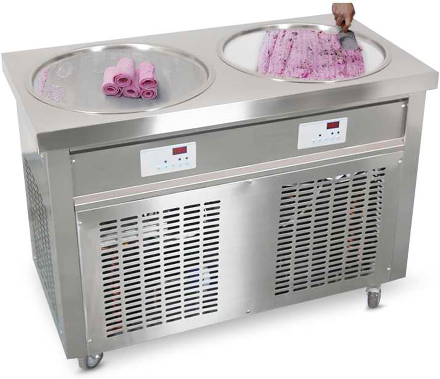 Kolice Double Round Pans Ice Cream Roll Machine - Auto Defrost, Sneeze Guard