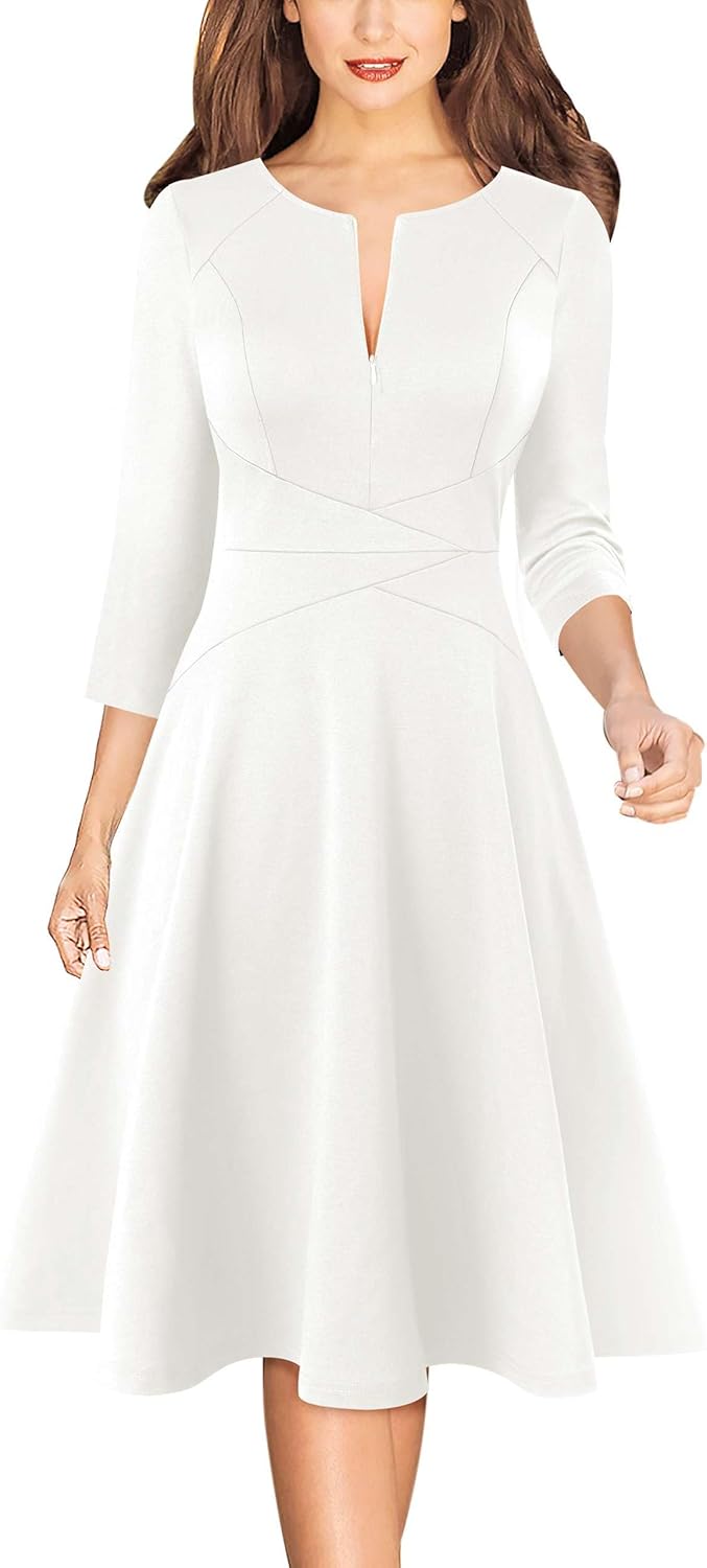VFSHOW Womens Front Zipper Crisscross Waist A-Line Dress