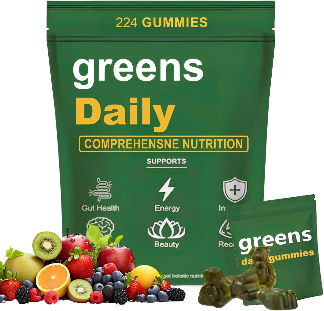 Greens Gummies for Digestive Health with Organic Chlorella & Spirulina