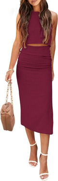Women's 2 Piece Summer Outfit Set Crewneck Tank and Midi Skirt