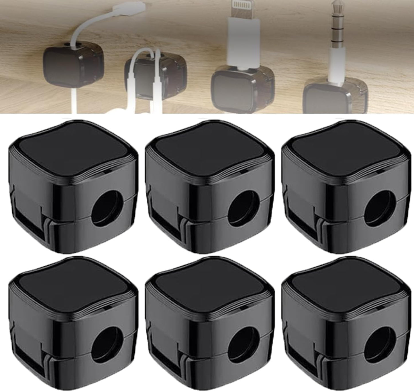 6 Black Magnetic Cord Clips - Organize Anywhere!