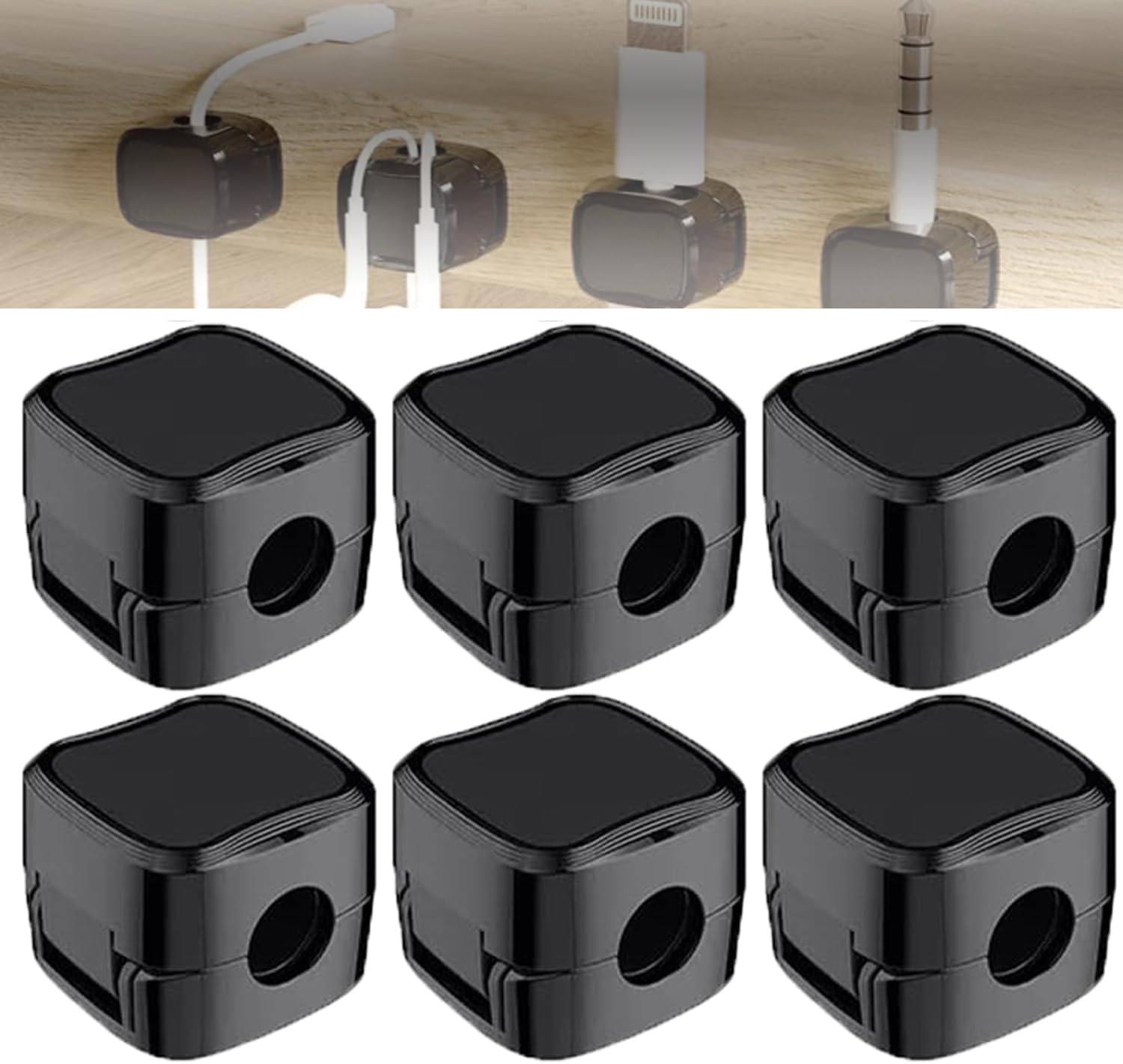 6 Black Magnetic Cord Clips - Organize Anywhere!