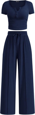 Womens Ribbed Knit 2 Piece Summer Set - Wide Leg Lounge Pants