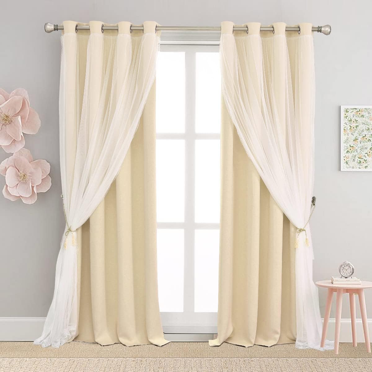 Beige Blackout Curtains with Sheer 54 Inches for Kids Rooms
