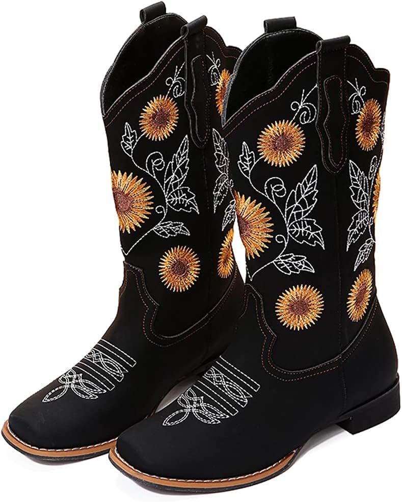 Stylish Cowboy Boots for Women with Sunflower Embroidery Design