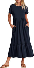 Womens Summer Maxi Dress Tiered Flowy Tee - Comfortable Beach Travel