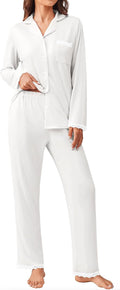 Ekouaer Womens Long Sleeve Pajama Set - Lace Trimmed Soft Nightwear