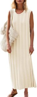 Fisoew Women's Sleeveless Maxi Dress Scoop Neck Ribbed Knit