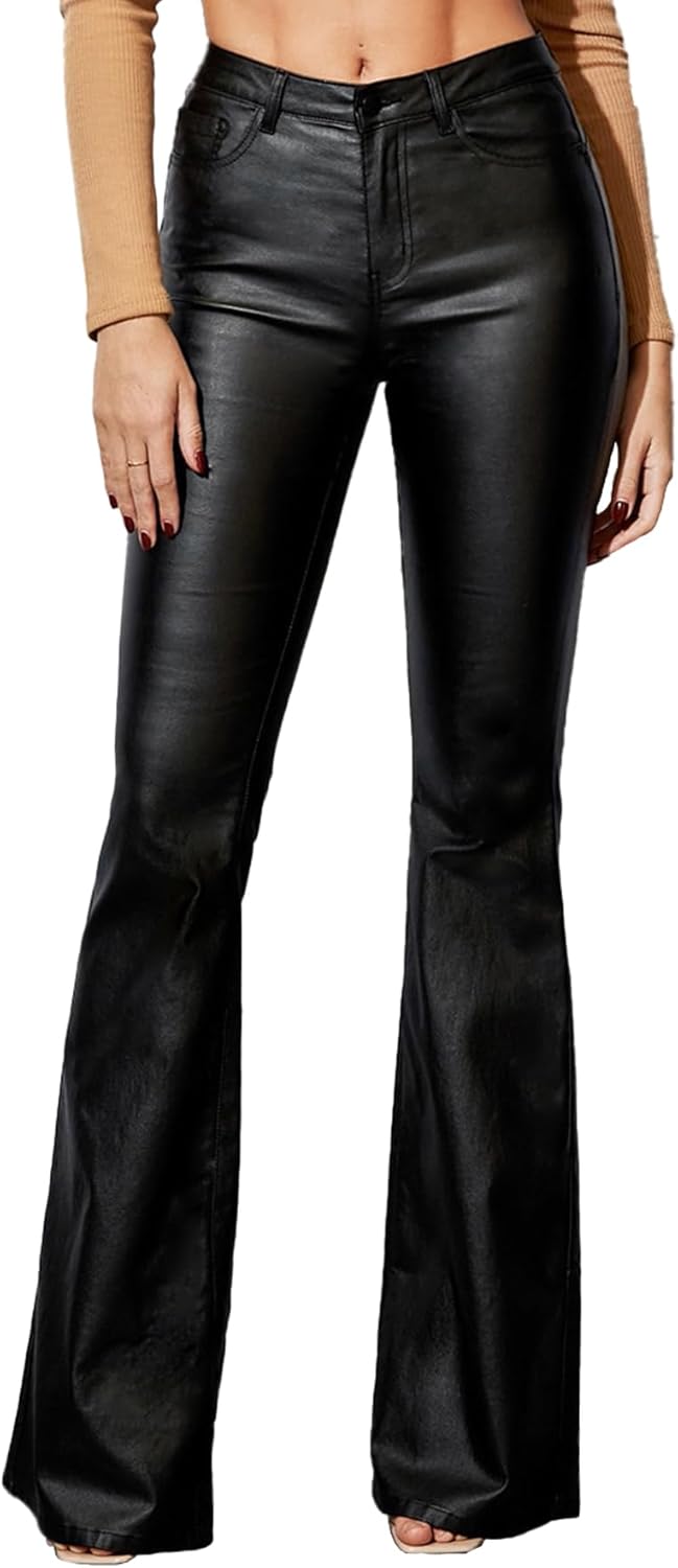 Women's Faux Leather Coated Flare Pants for Stylish Comfort