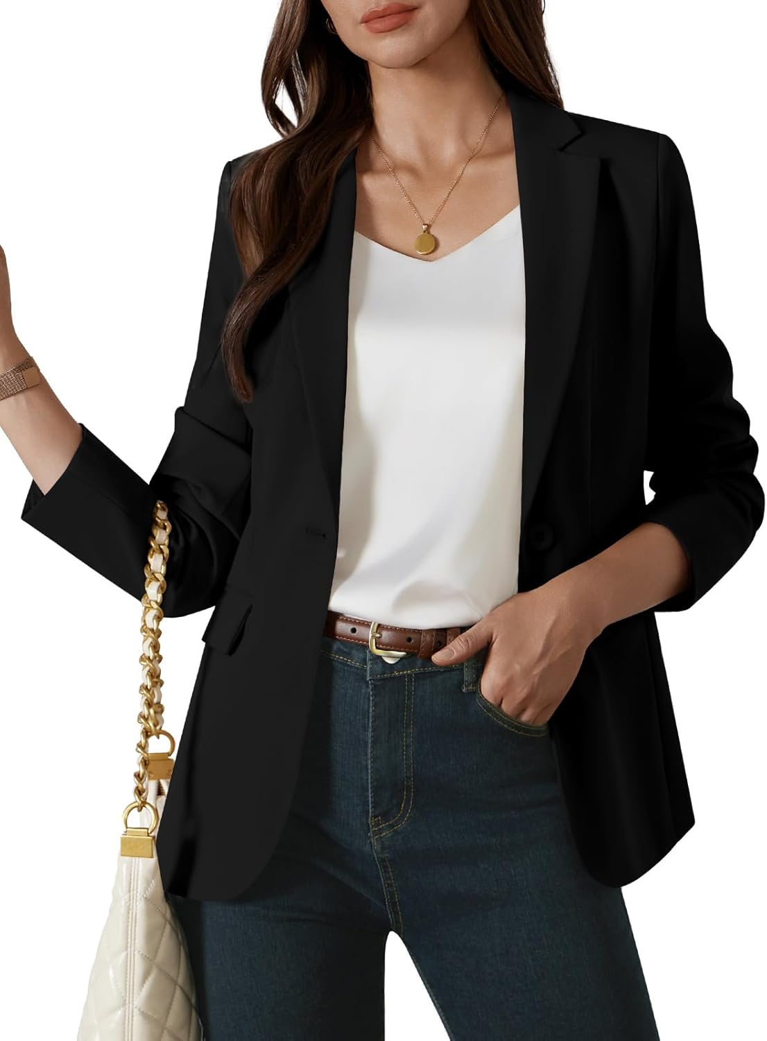 Womens One Button Blazer Casual Open Front Long Sleeve Suit Jacket