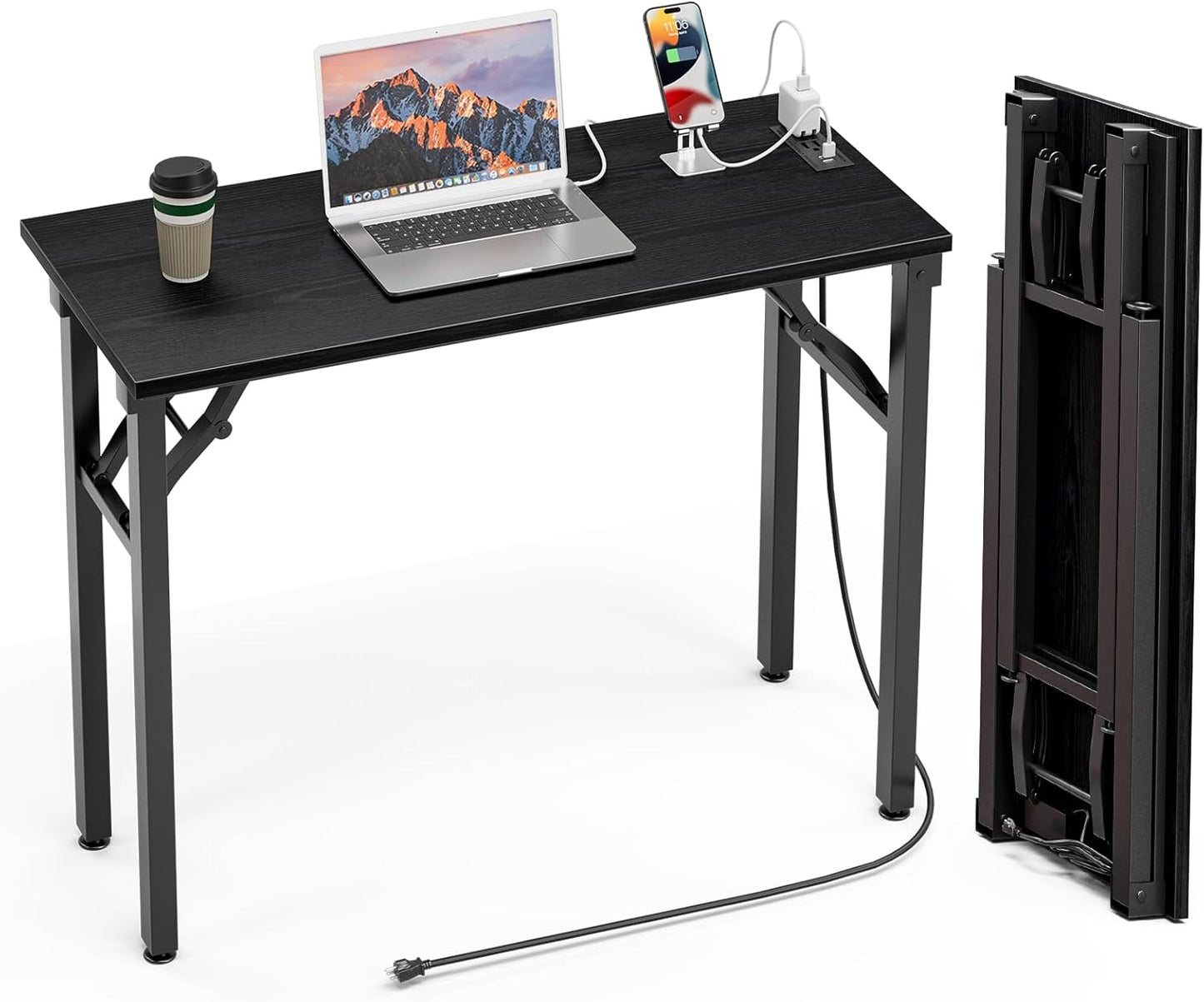 Compact 35.8in Folding Desk with Power Outlets & USB Ports
