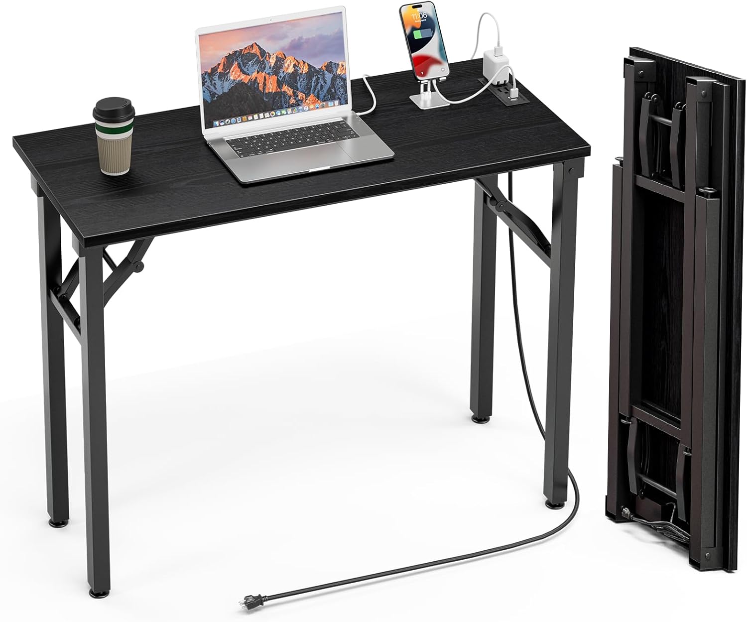 Compact 35.8in Folding Desk with Power Outlets & USB Ports