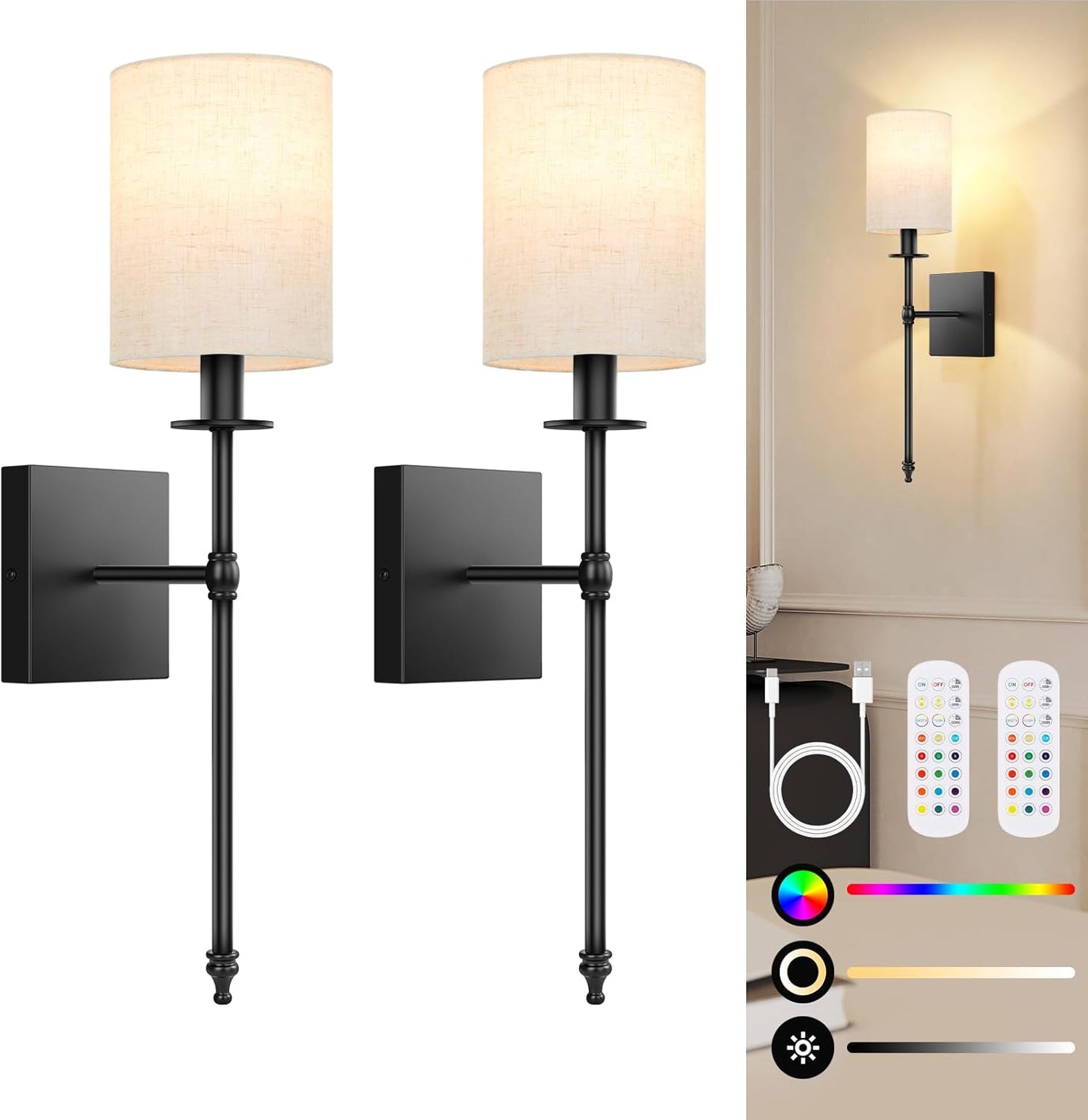 Battery Operated Wall Sconces Set of 2 with Remote Control