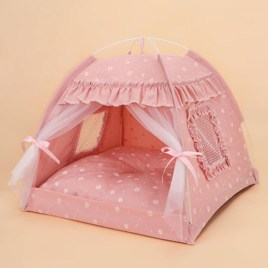 Portable Lace Cat Tent - Pink Ruffled Teepee